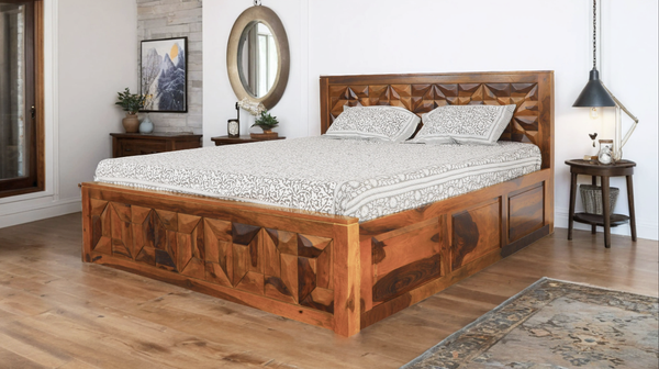 Geometric King Size Bed in Honey Finish With Box Storage