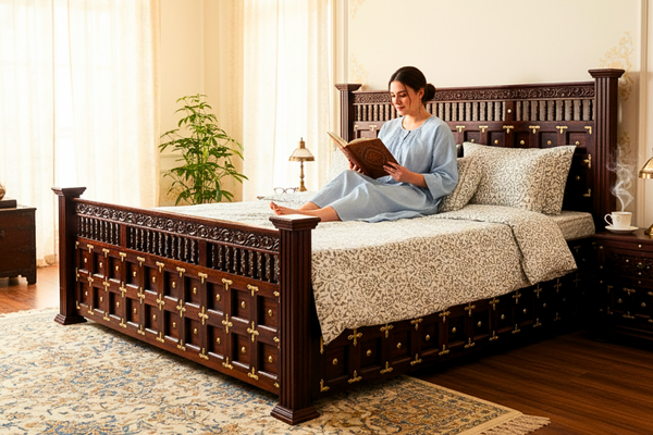 LT King Size Bed with Box Storage in Honey Finish