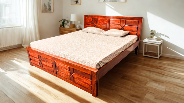 Wooden Shape King Size Bed in Honey Finish Without Storage
