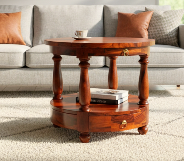 Noble Round Coffee Table with Drawers in Honey Finish – Solid Wood Decor