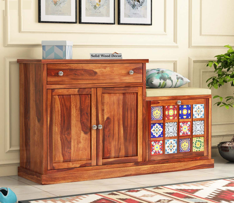 Tile Shoe Rack with Seat in Honey Finish