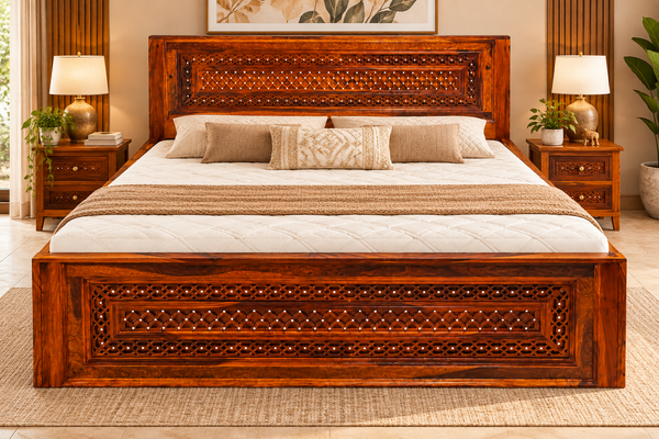 Jiksa Sheesham Wood King size Bed with Box storage in Honey Finish