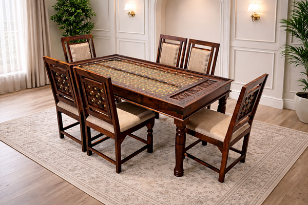 Brass Plate 6 Seater Dining Set in Honey Finish