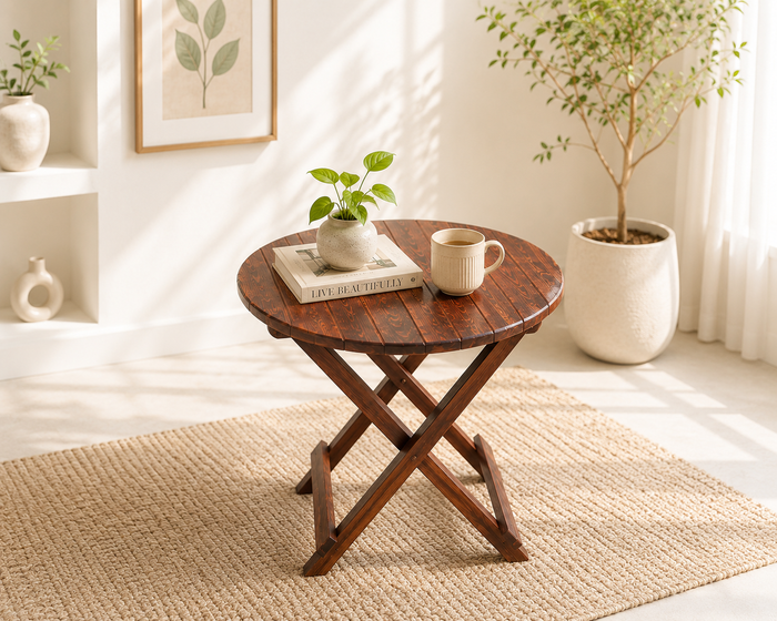 Round Sheesham Wood Folding Table in Honey Finish