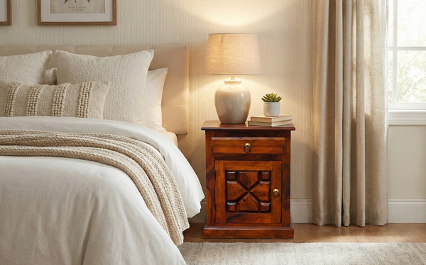 Shape Bed Side Table in Honey Finish