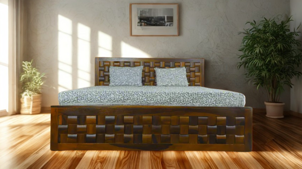 Woven King Size Bed in Honey Finish With Box Storage