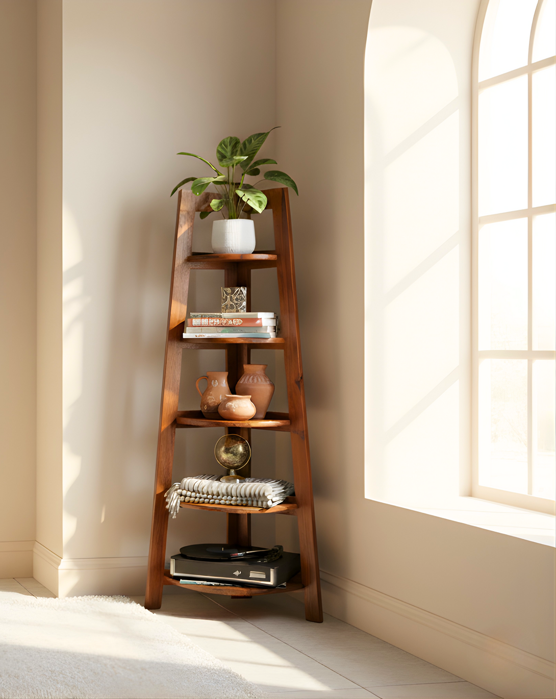 Folding Corner (Big) Book Rack in Honey Finish – Solid Wood Decor