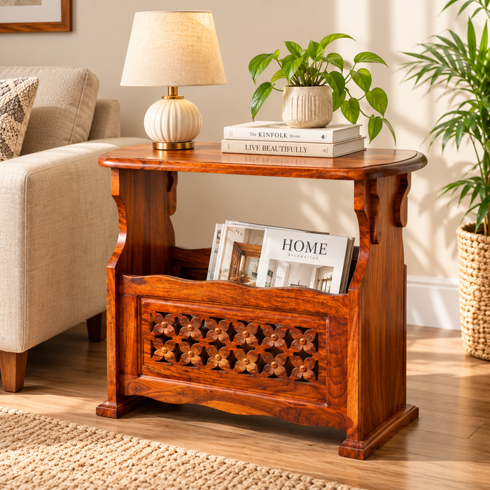 Web Sheesham Wood Book Rack in Honey Finish