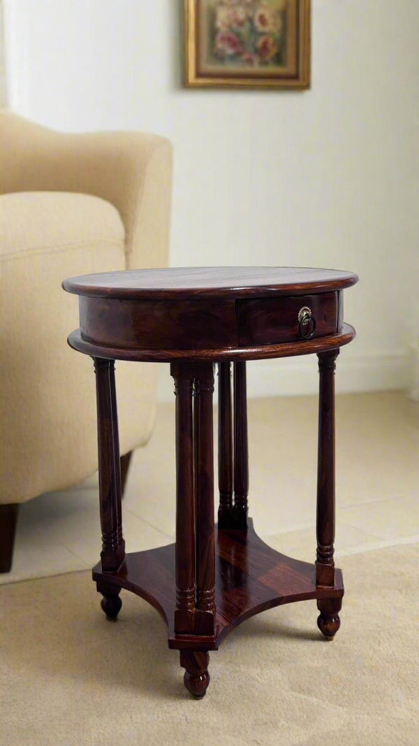 Round Table with Drawer in Honey Finish