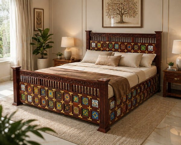 LT Tile King Size Bed in Honey Finish With Box Storage