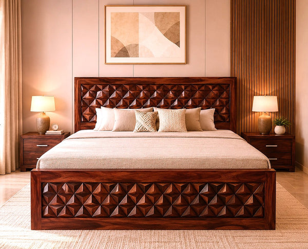 Cube King Size Bed in Honey Finish With Box Storage