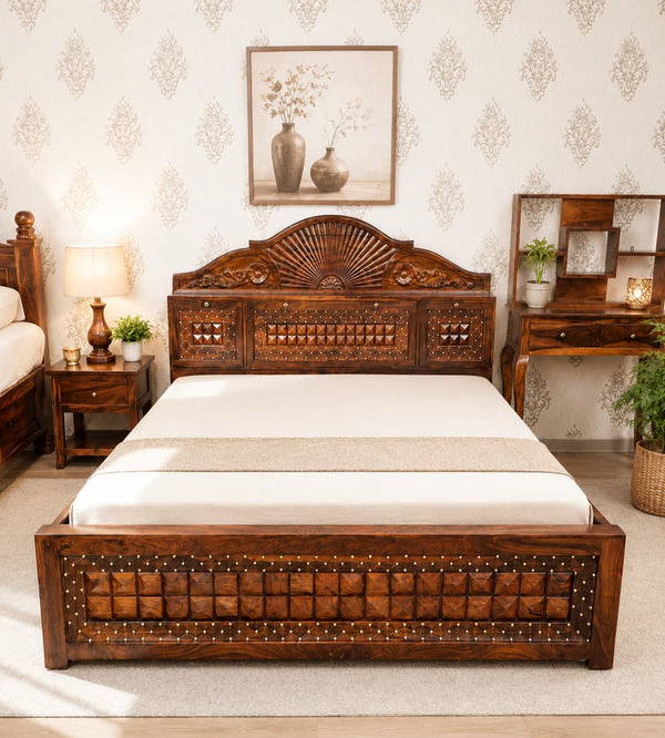 Diamond Jiksa King size bed with box storage in honey Finish