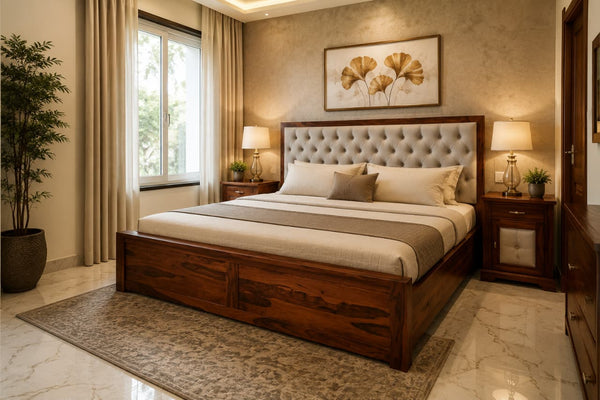 Avora Upholstered King size bed with box storage in Honey Finish