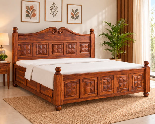 Arlo Sheesham Wood King Size Box Storage Bed in Honey Finish