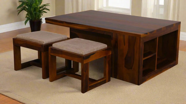 Hestia wood coffee table with four stools in Honey Finish