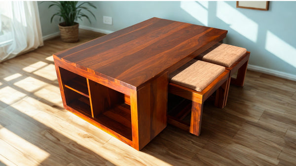 Hestia wood coffee table with four stools in Honey Finish