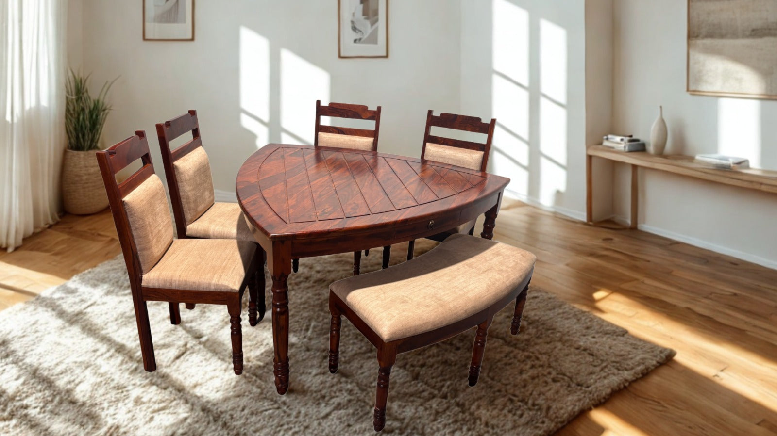 Triangle 6 Seater Dining Set in Honey Finish – Solid Wood Decor