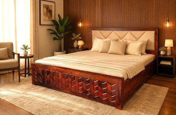 Beige Cushion King Size Bed in Honey Finish With Box Storage