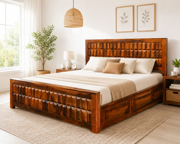 Bottle King Size Bed in Honey Finish With Box Storage