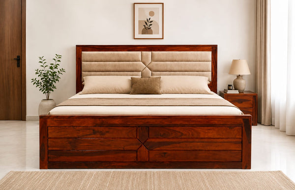 Aristo Cushion King Size Bed in Honey Finish With Box Storage