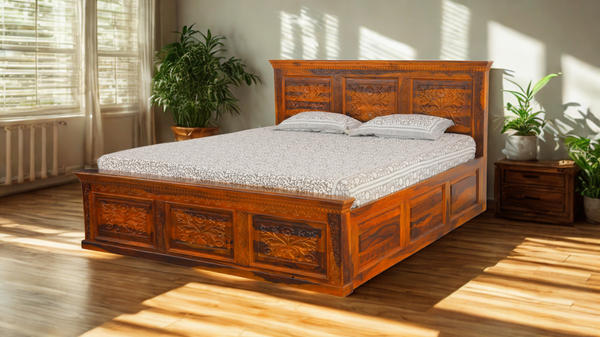 Carvin King Size Bed in Honey Finish With Box Storage