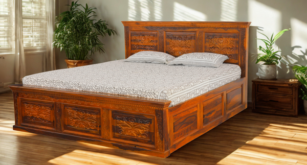 Carvin King Size Bed in Honey Finish With Box Storage