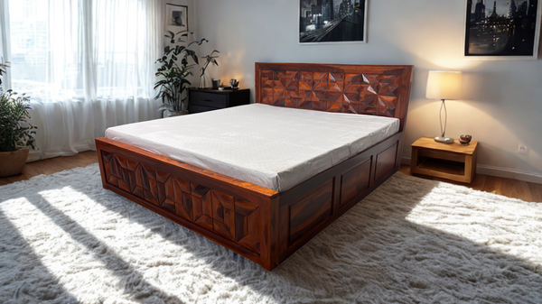 Geometric King Size Bed in Honey Finish With Box Storage