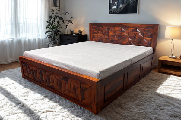 Geometric King Size Bed in Honey Finish With Box Storage