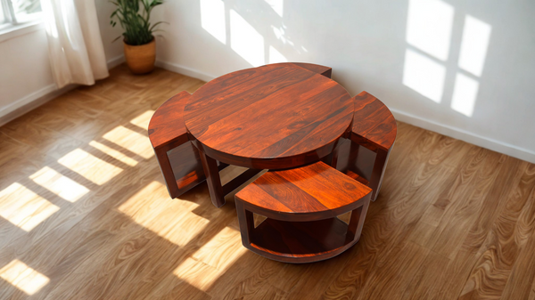 Round Coffee Table with Four Stool in Honey Finish