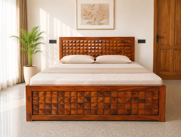 Diamond Sheesham Wood King Size Bed in Honey Finish With Box Storage