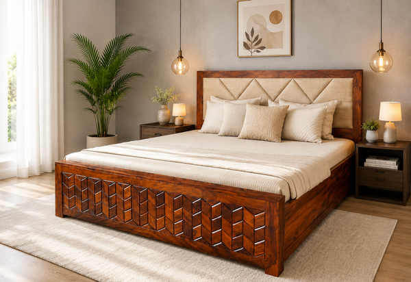 Beige Cushion King Size Bed in Honey Finish With Box Storage